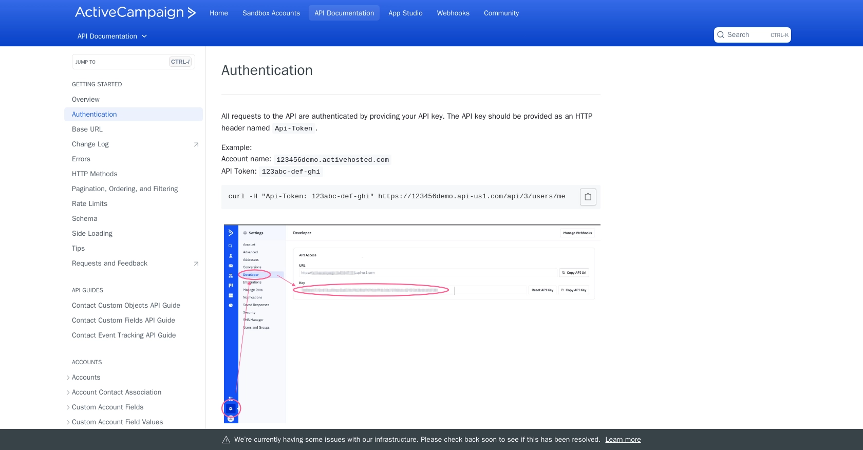 Active Campaign authentication documentation page.