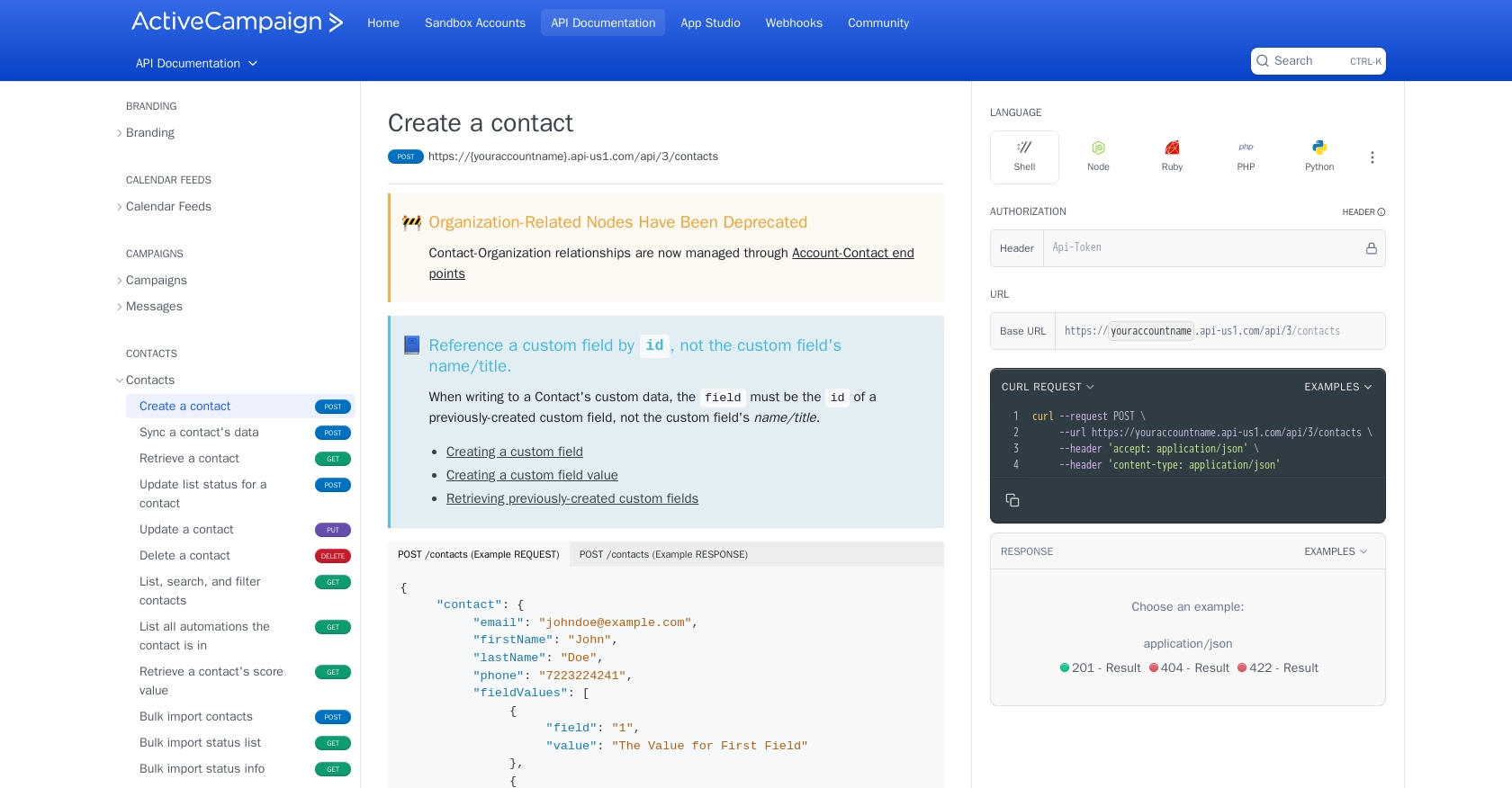 Active Campaign API call documentation page.