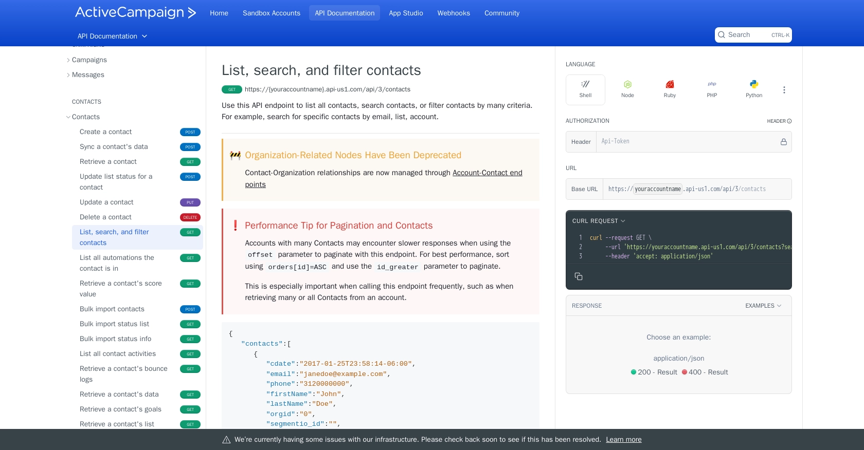 Active Campaign API call documentation page.