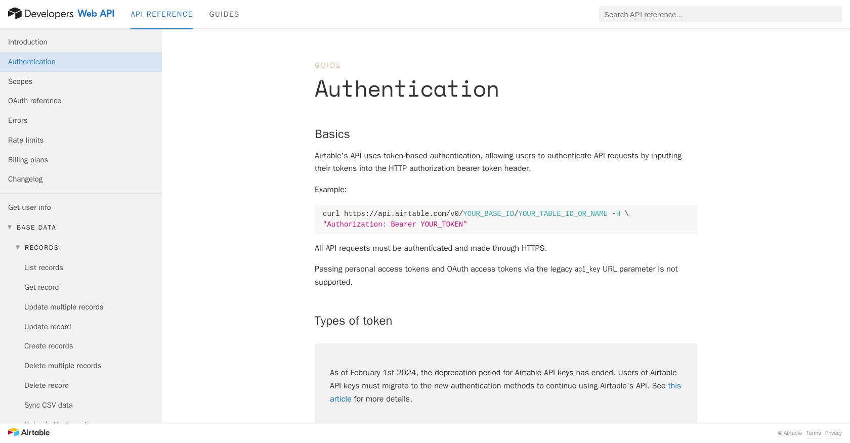 Airtable authentication documentation page.