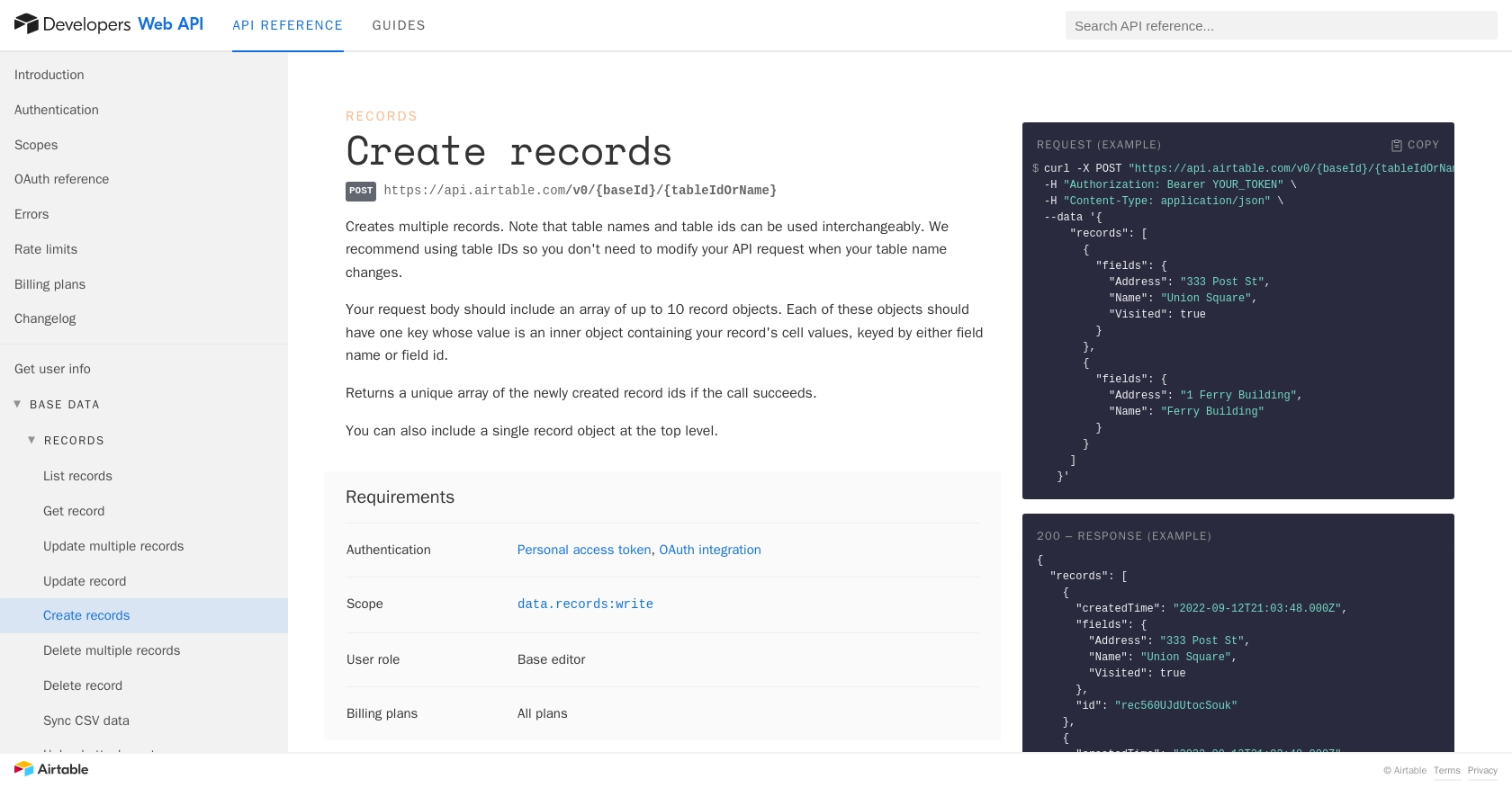 Airtable API call documentation page.