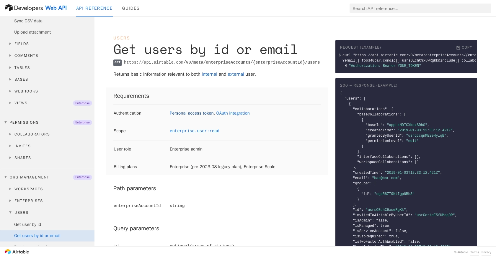 Airtable API call documentation page.