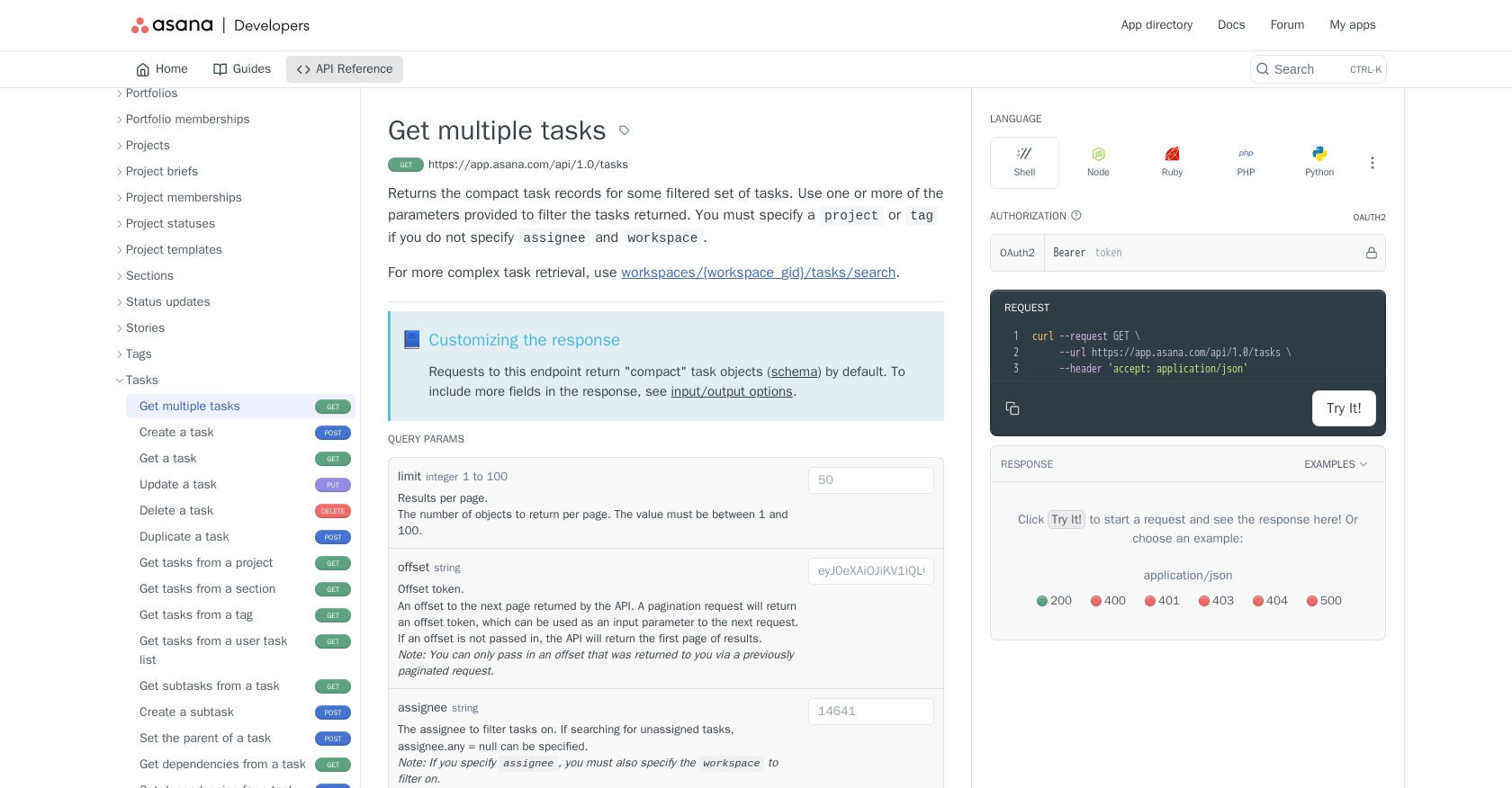 Asana API call documentation page.