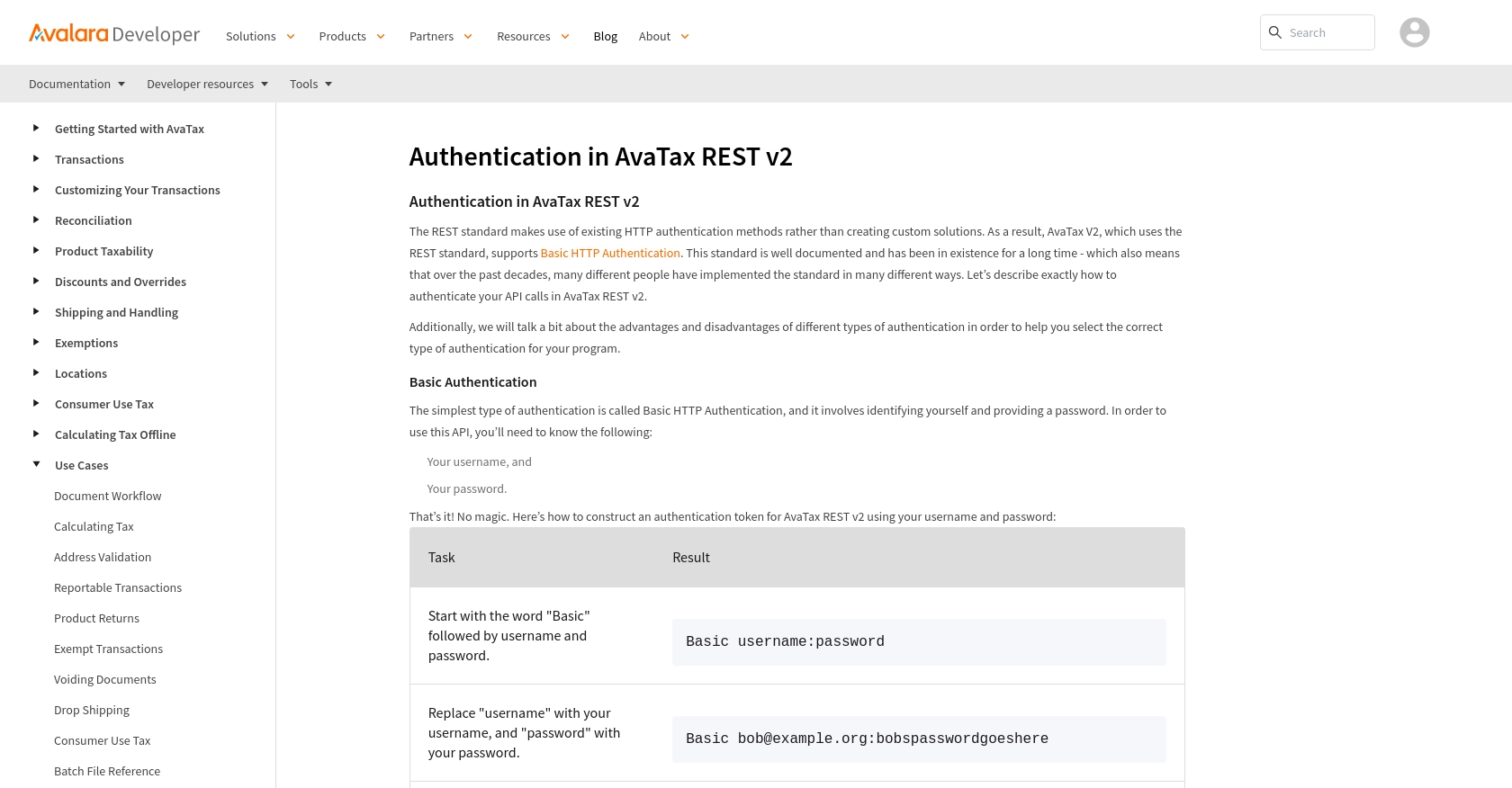 Avalara authentication documentation page.