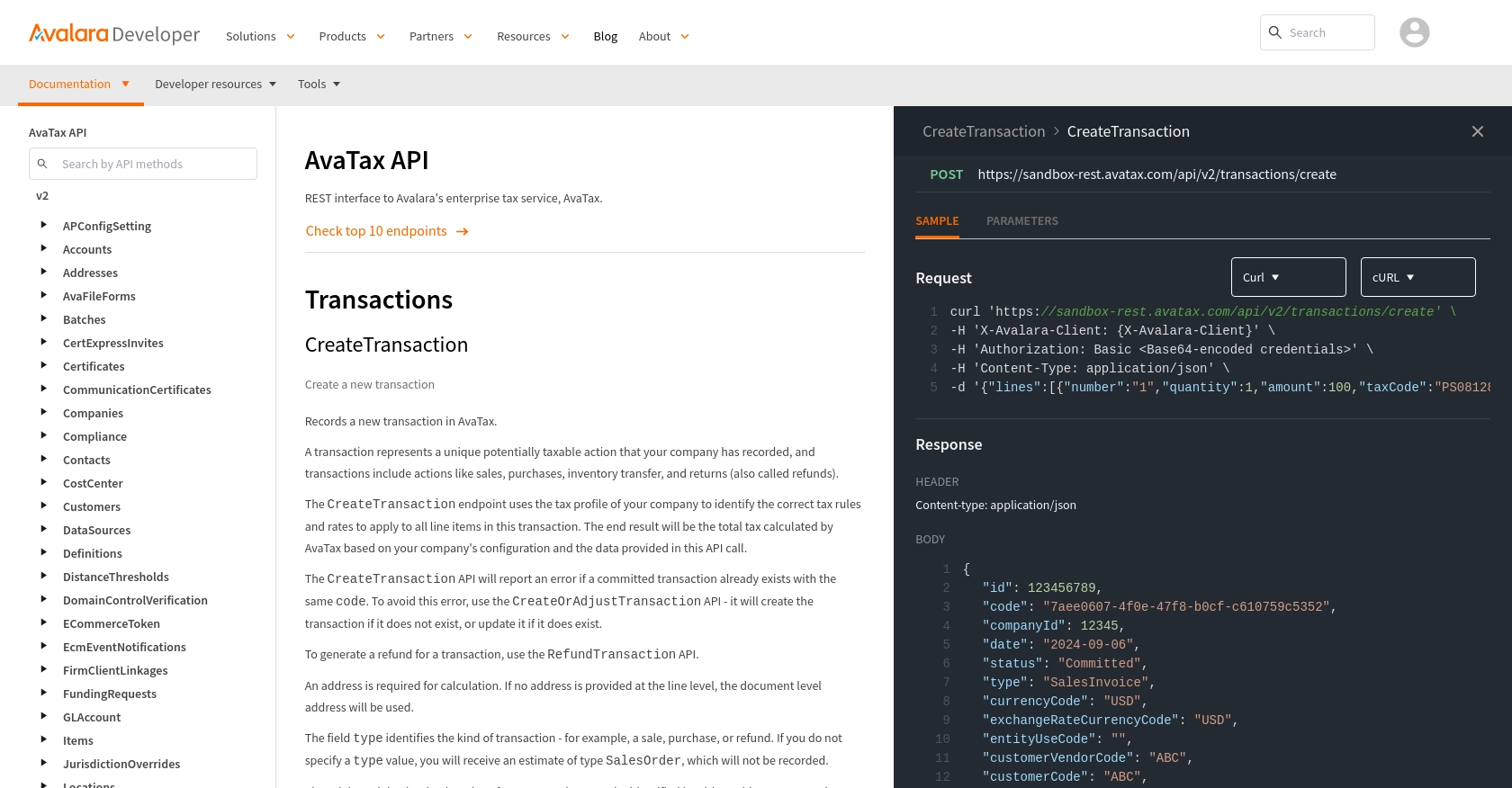 Avalara API call documentation page.