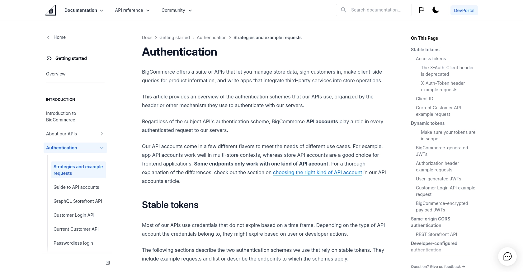 BigCommerce authentication documentation page.