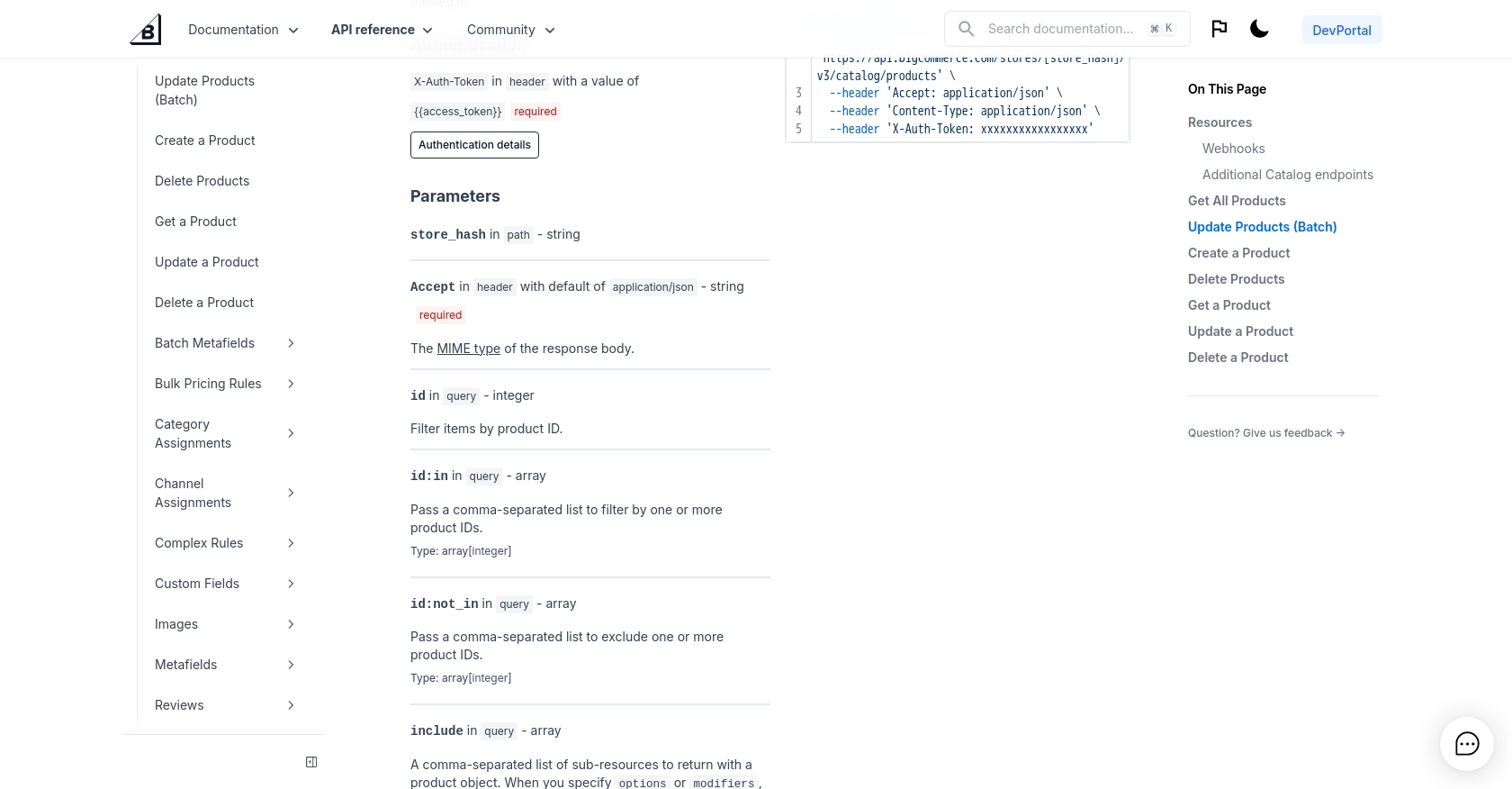 BigCommerce API call documentation page.