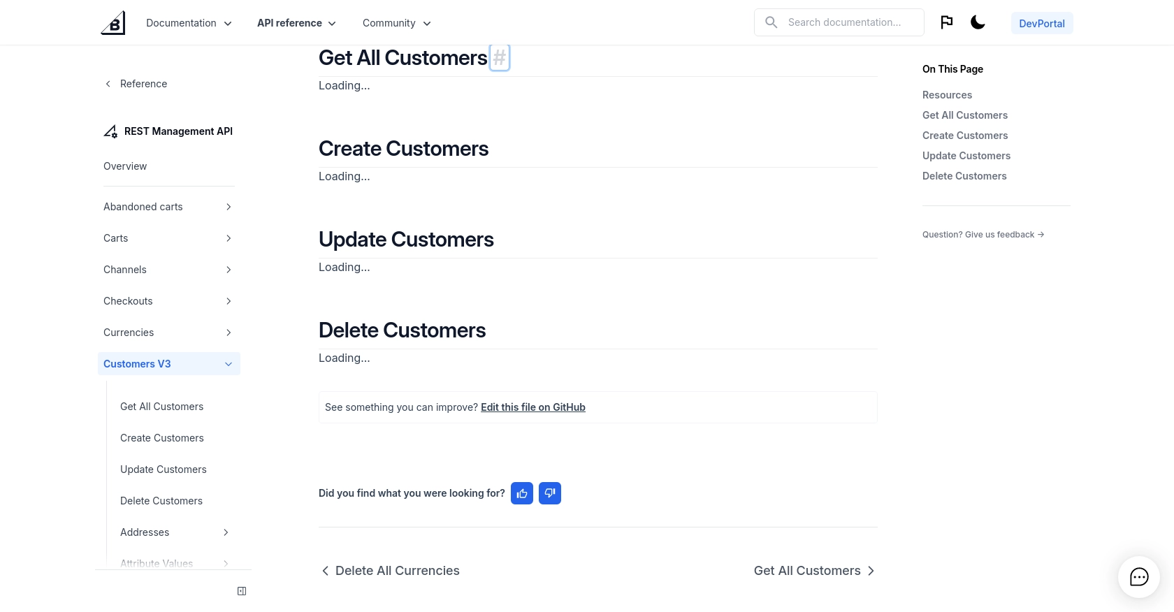 BigCommerce API call documentation page.