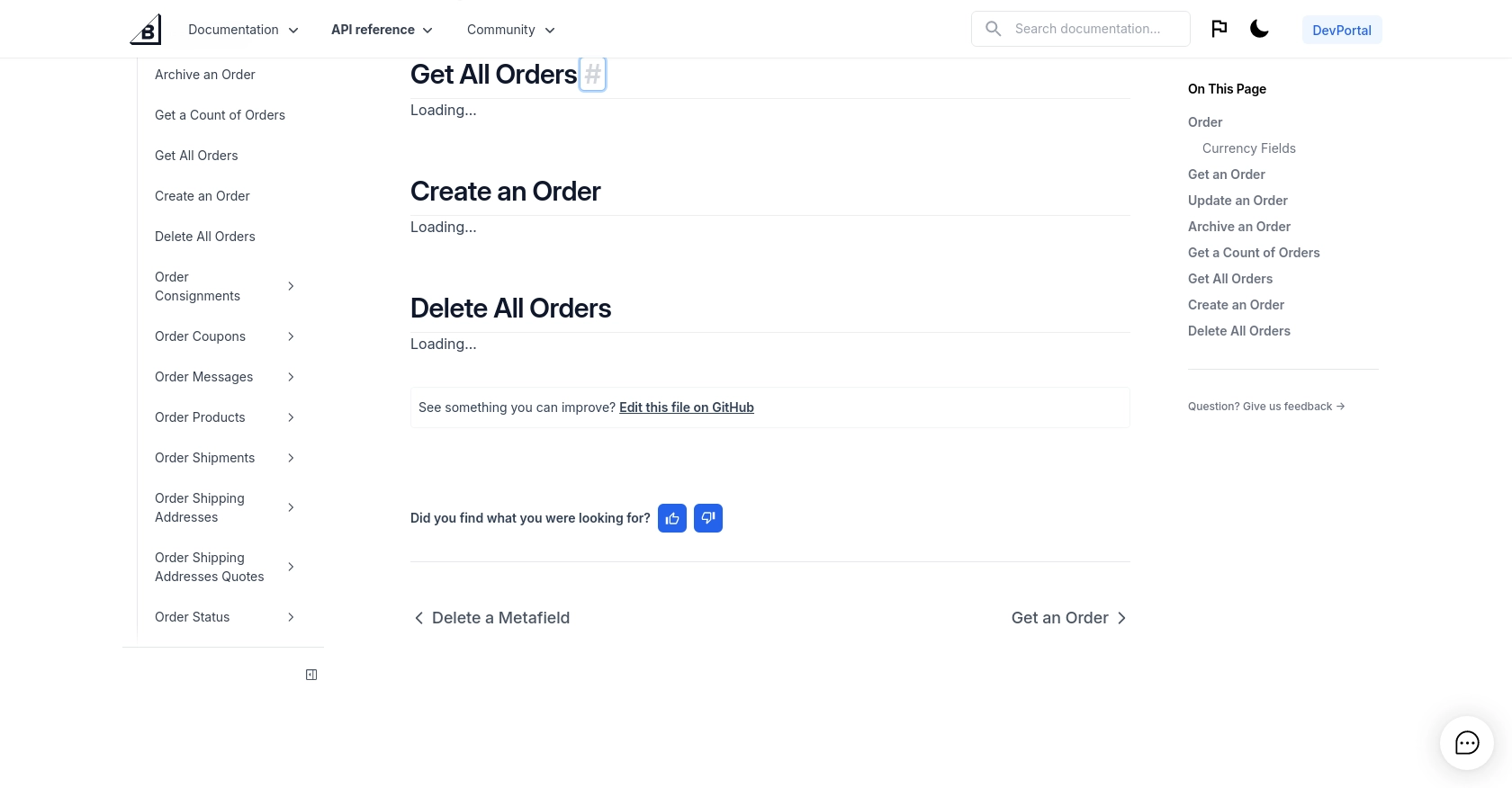 BigCommerce API call documentation page.