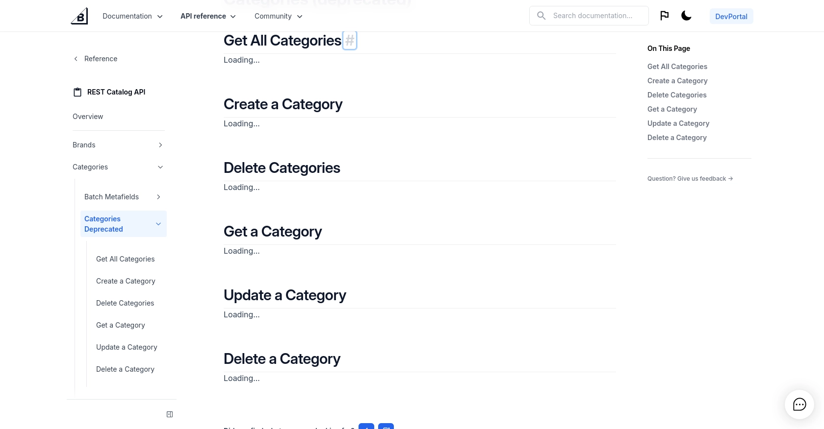 BigCommerce API call documentation page.