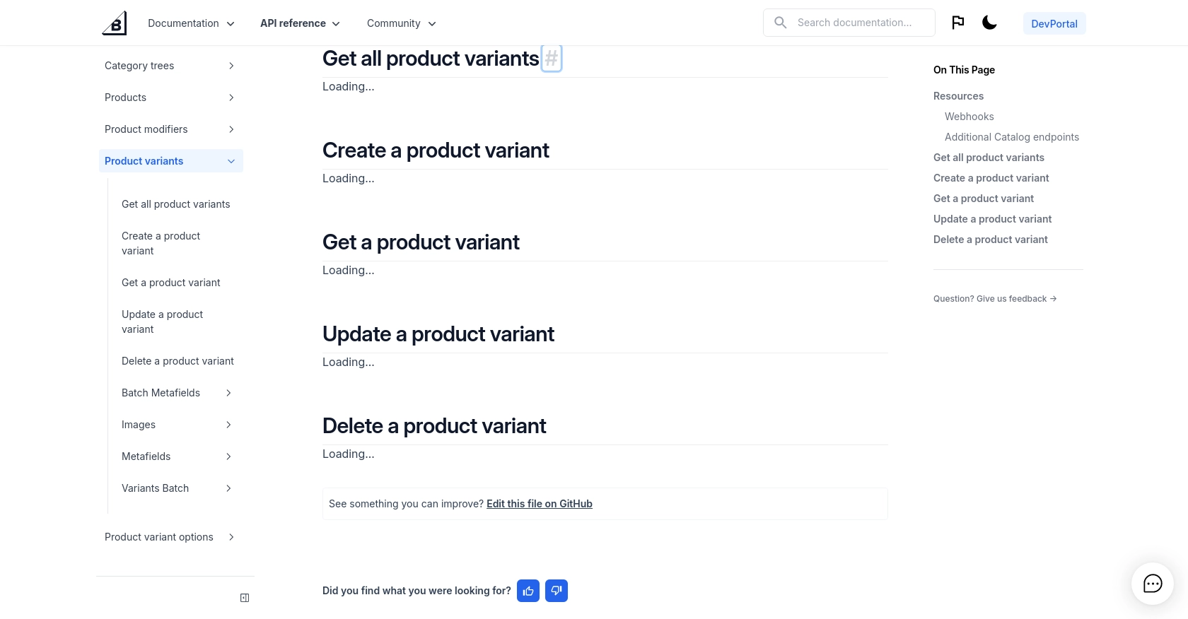 BigCommerce API call documentation page.