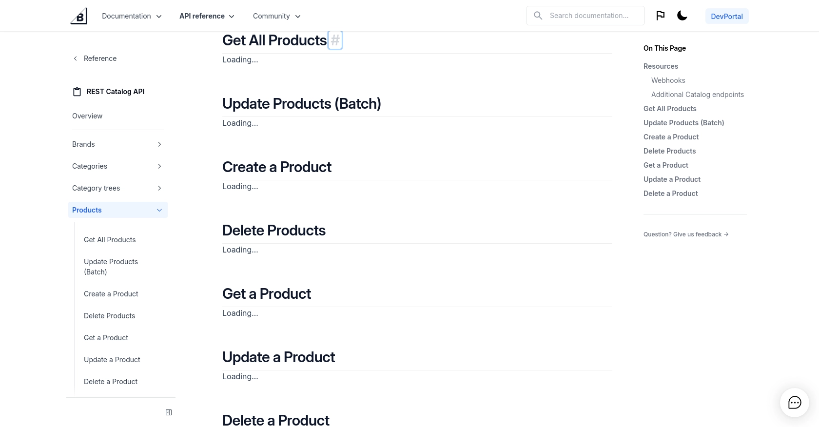 BigCommerce API call documentation page.