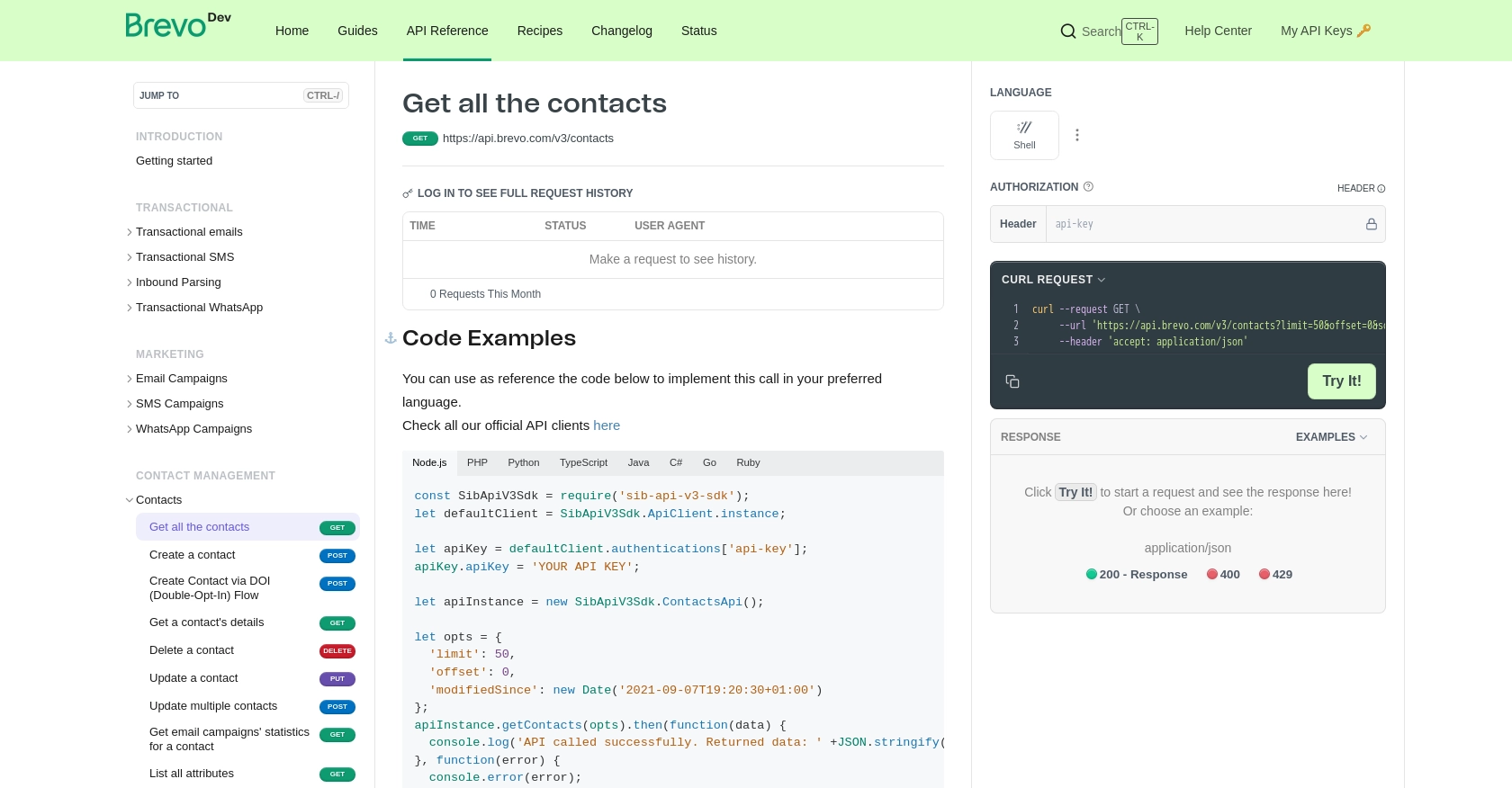 Brevo API call documentation page.