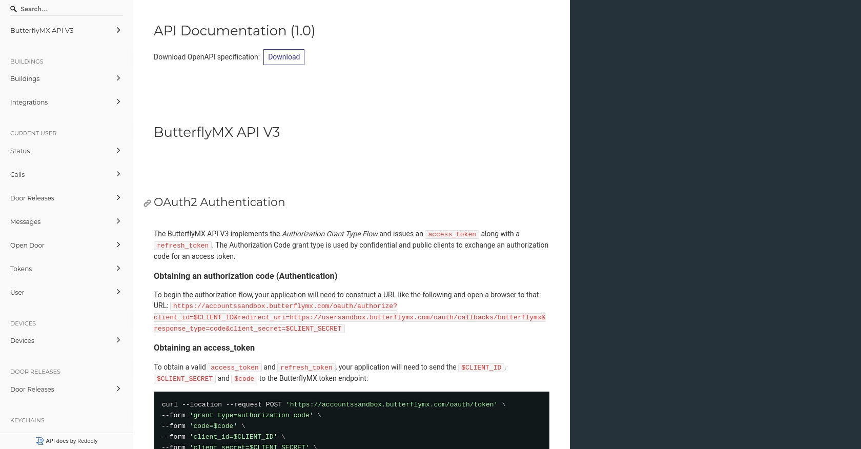 ButterflyMX authentication documentation page.