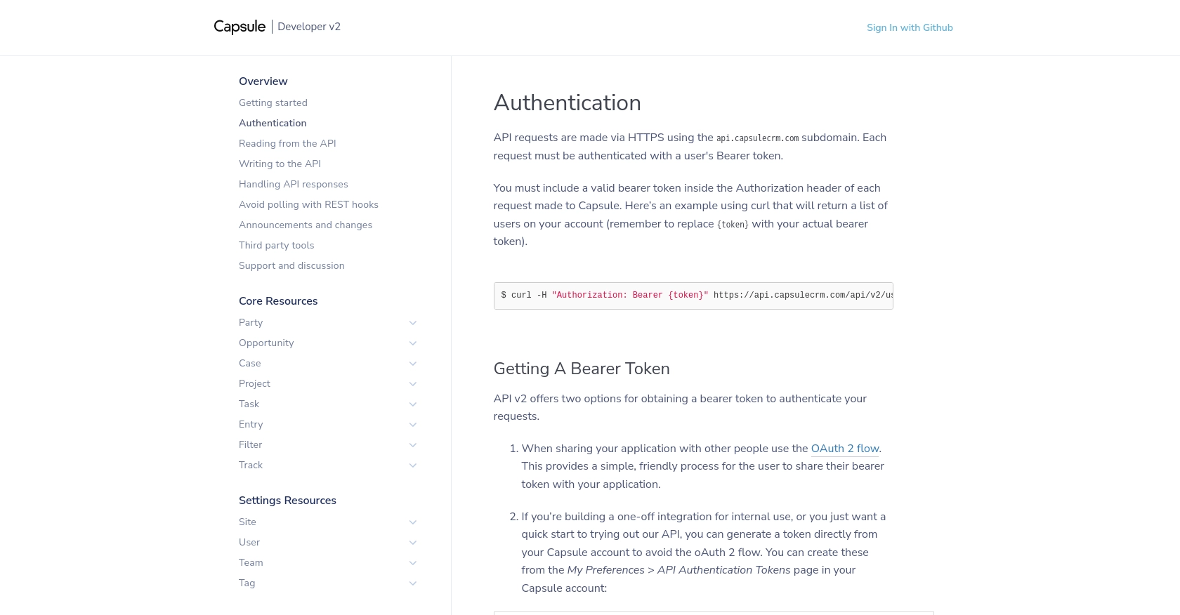 Capsule authentication documentation page.