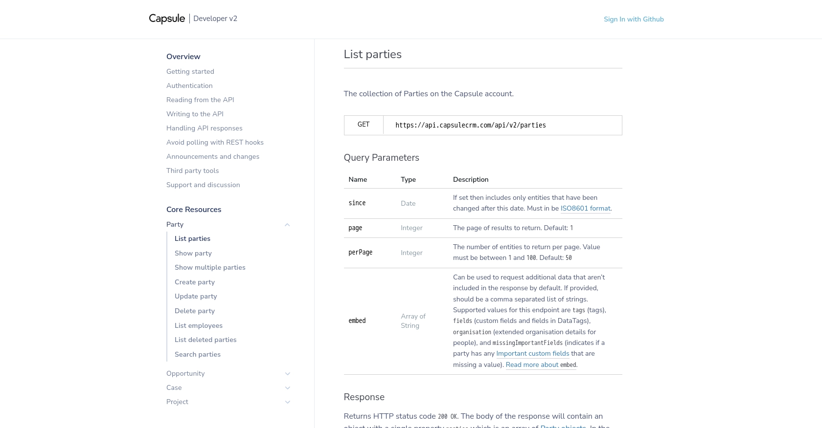 Capsule API call documentation page.