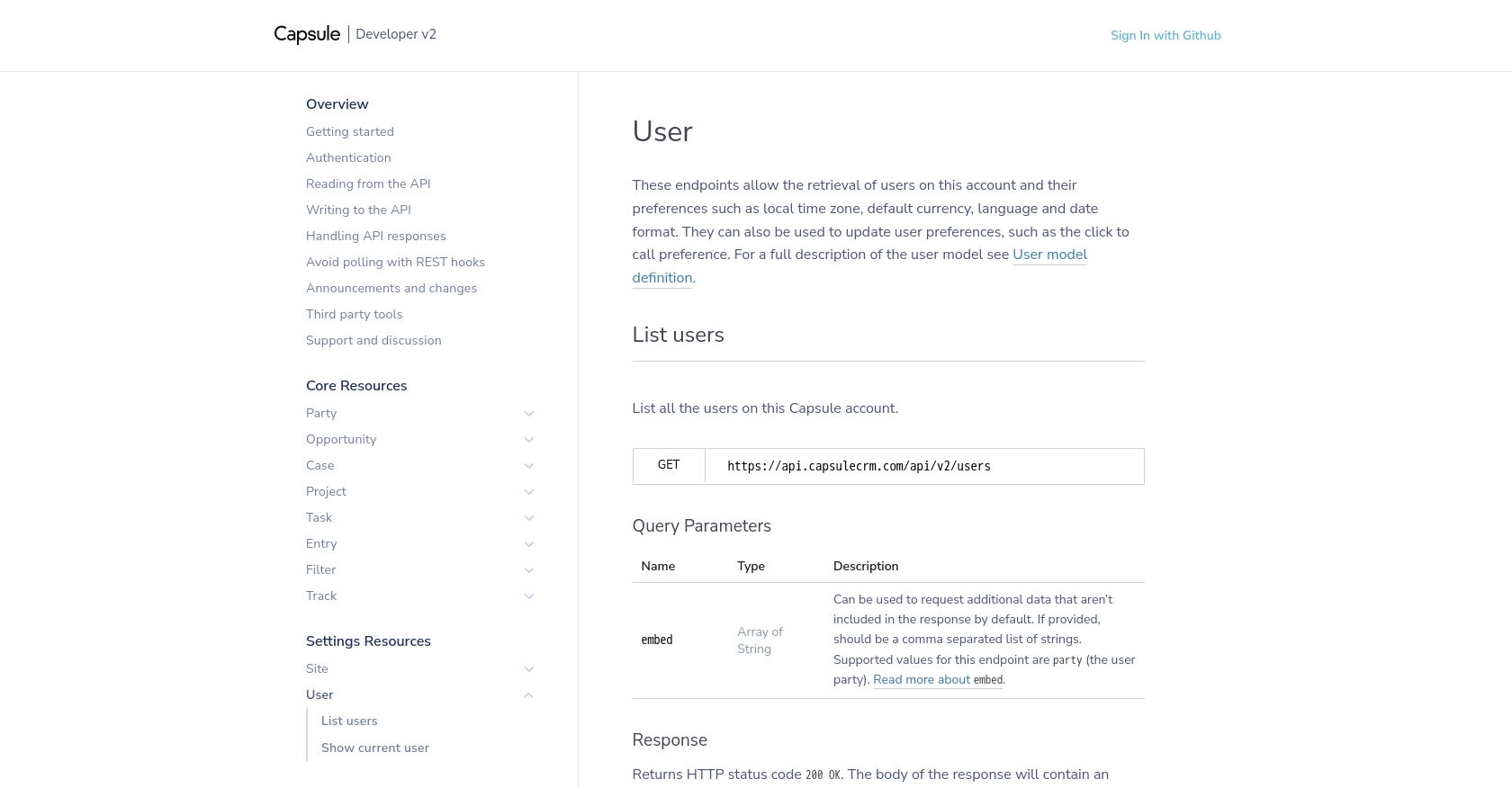 Capsule API call documentation page.