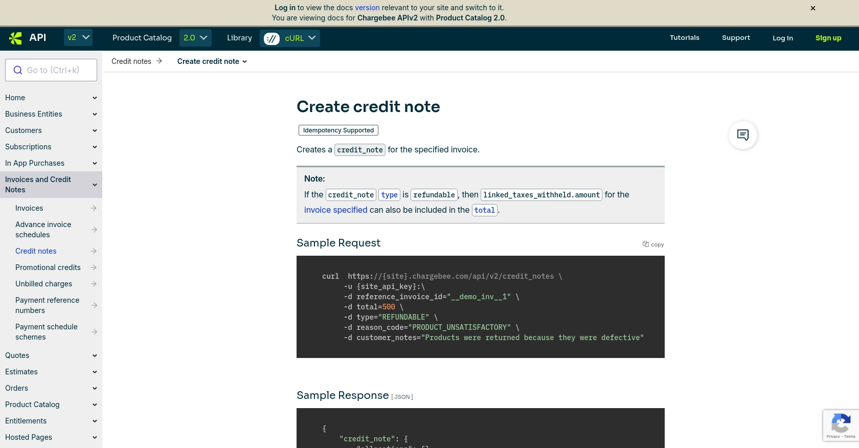 Chargebee API call documentation page.