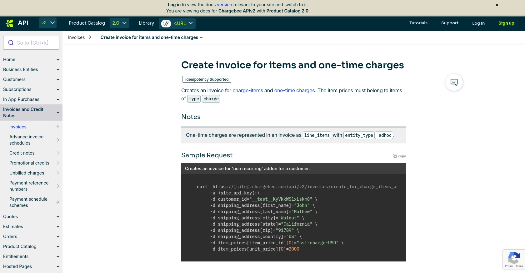 Chargebee API call documentation page.