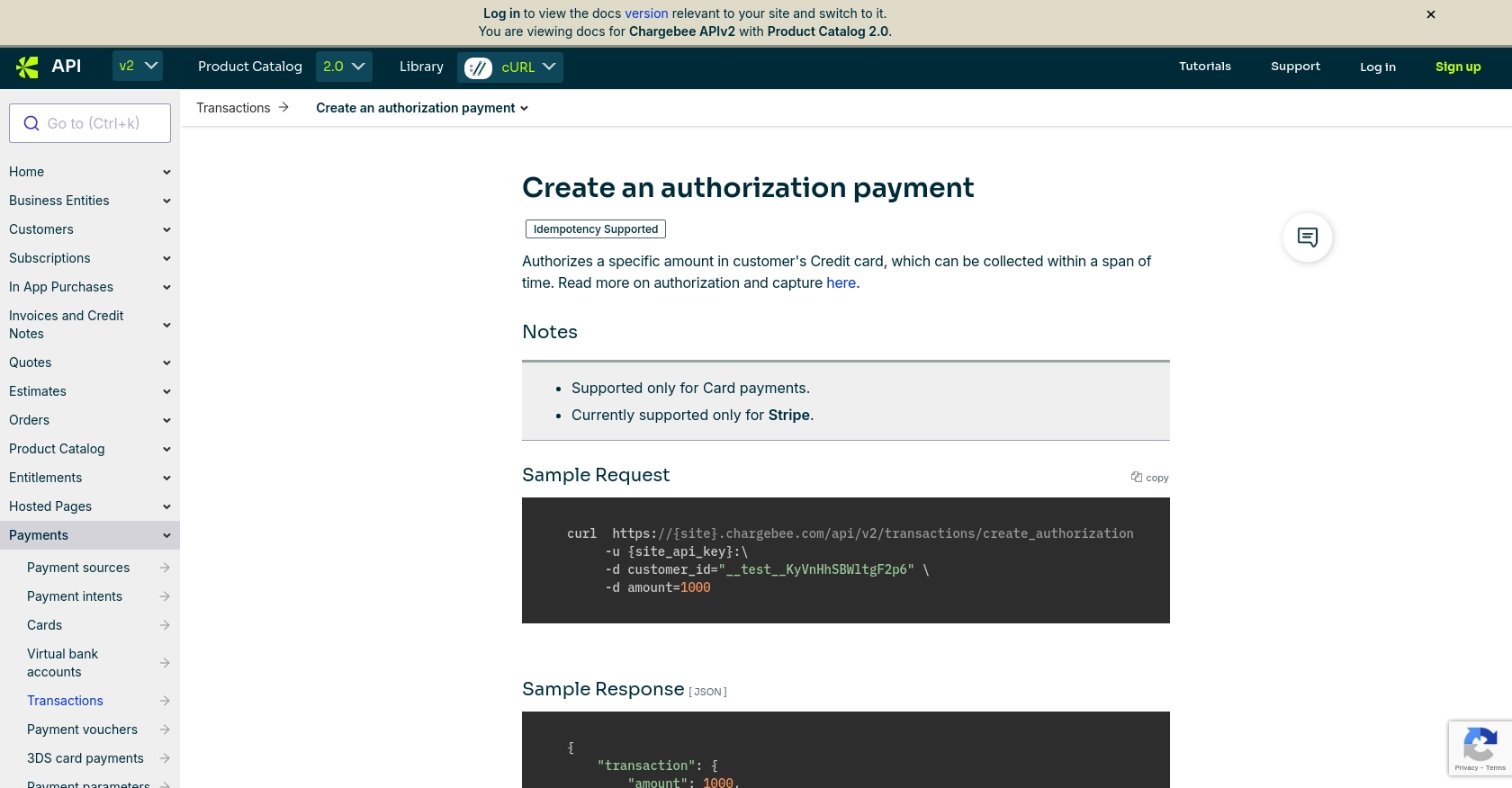 Chargebee API call documentation page.