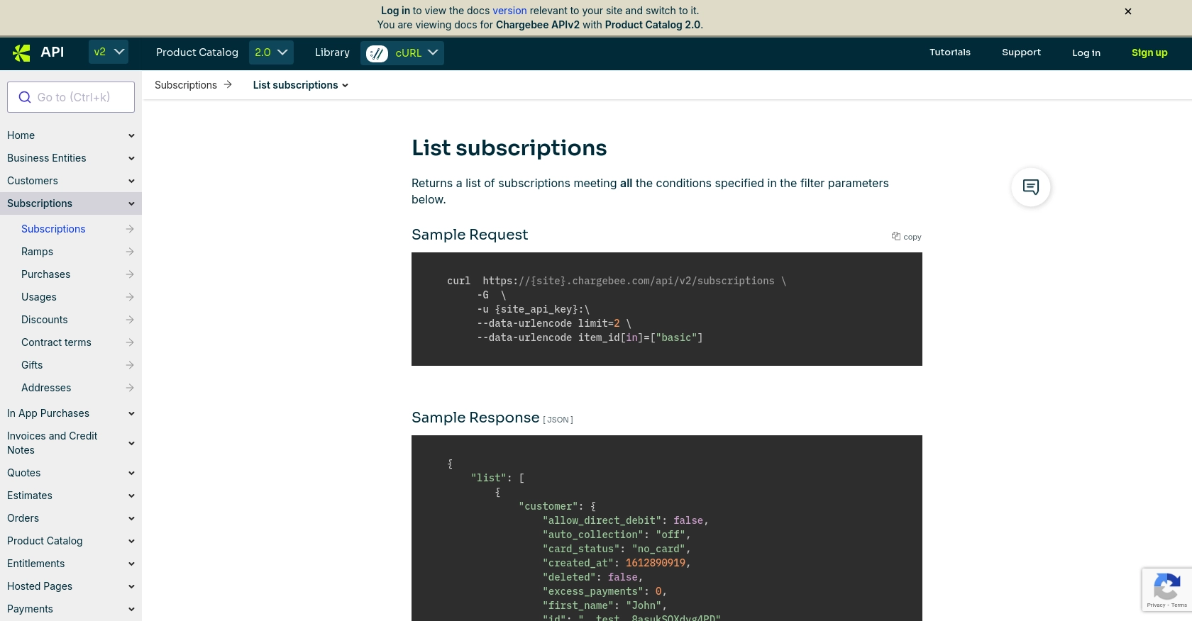 Chargebee API call documentation page.