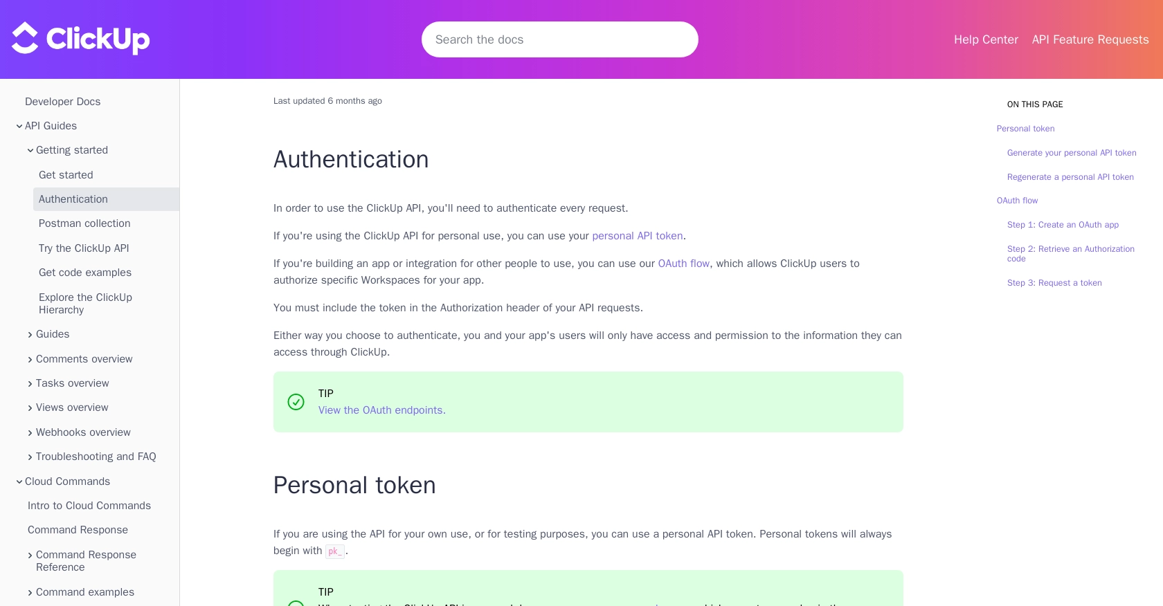 Clickup authentication documentation page.