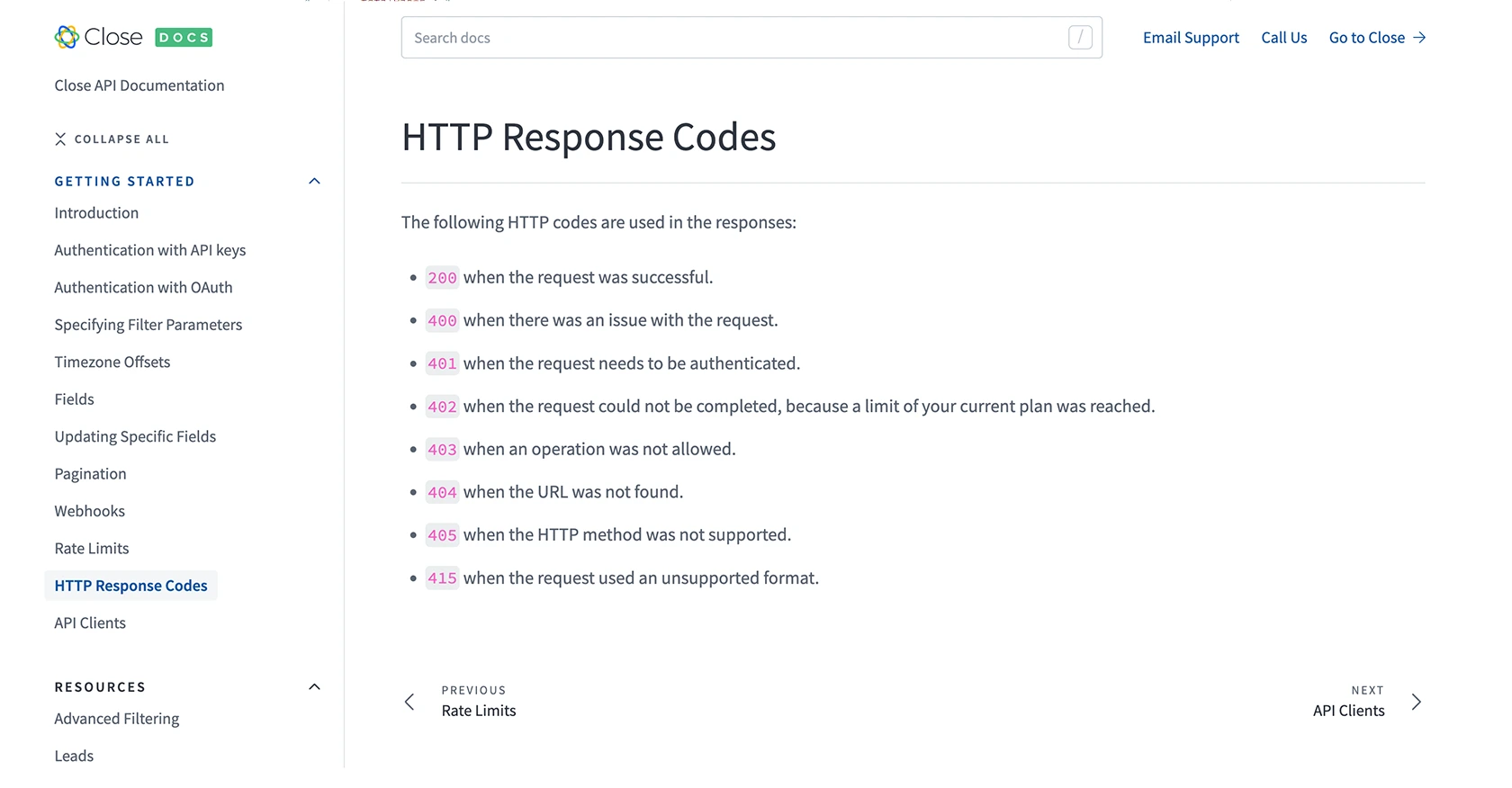 Close API call documentation page.