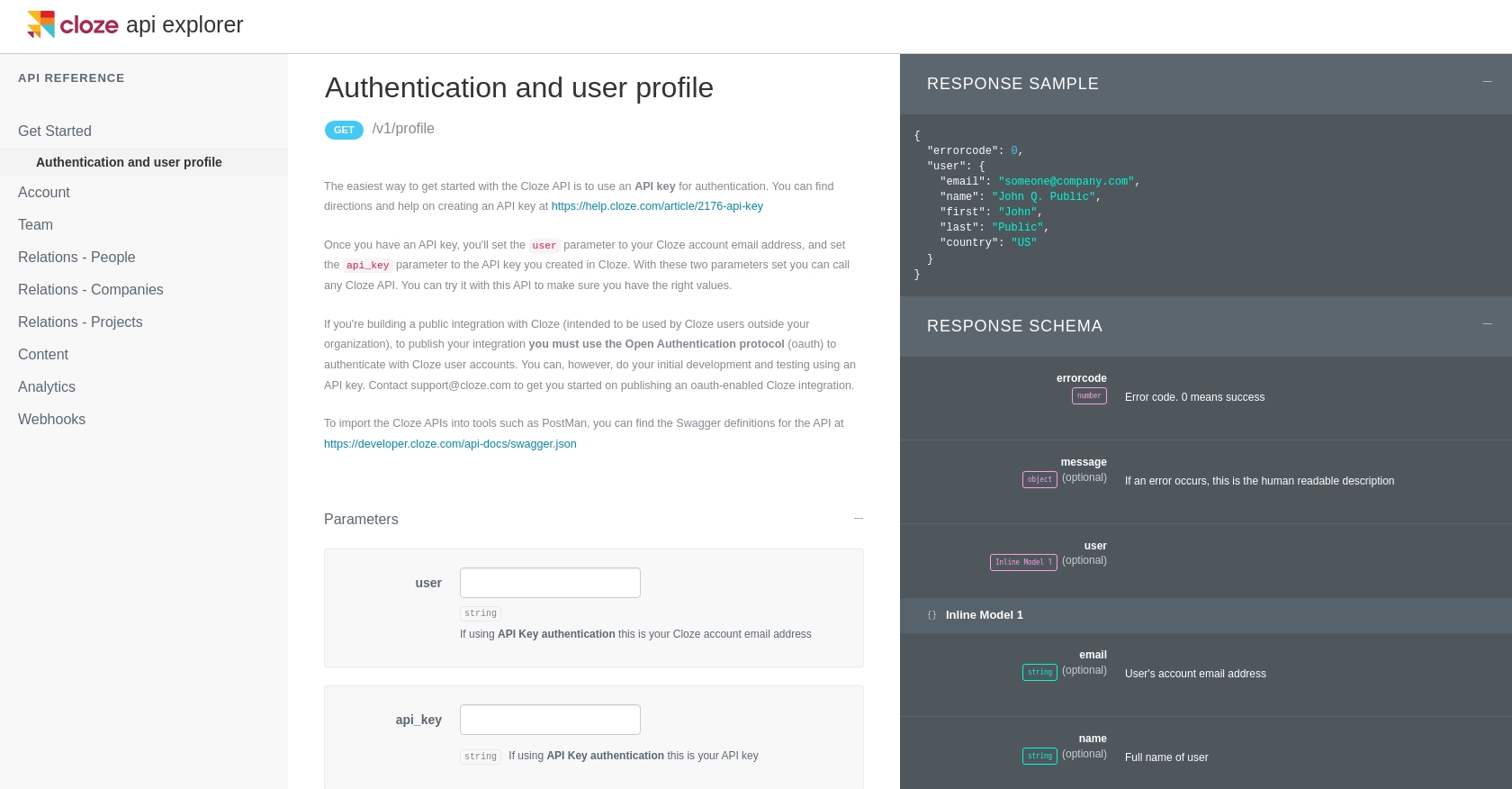 Cloze authentication documentation page.