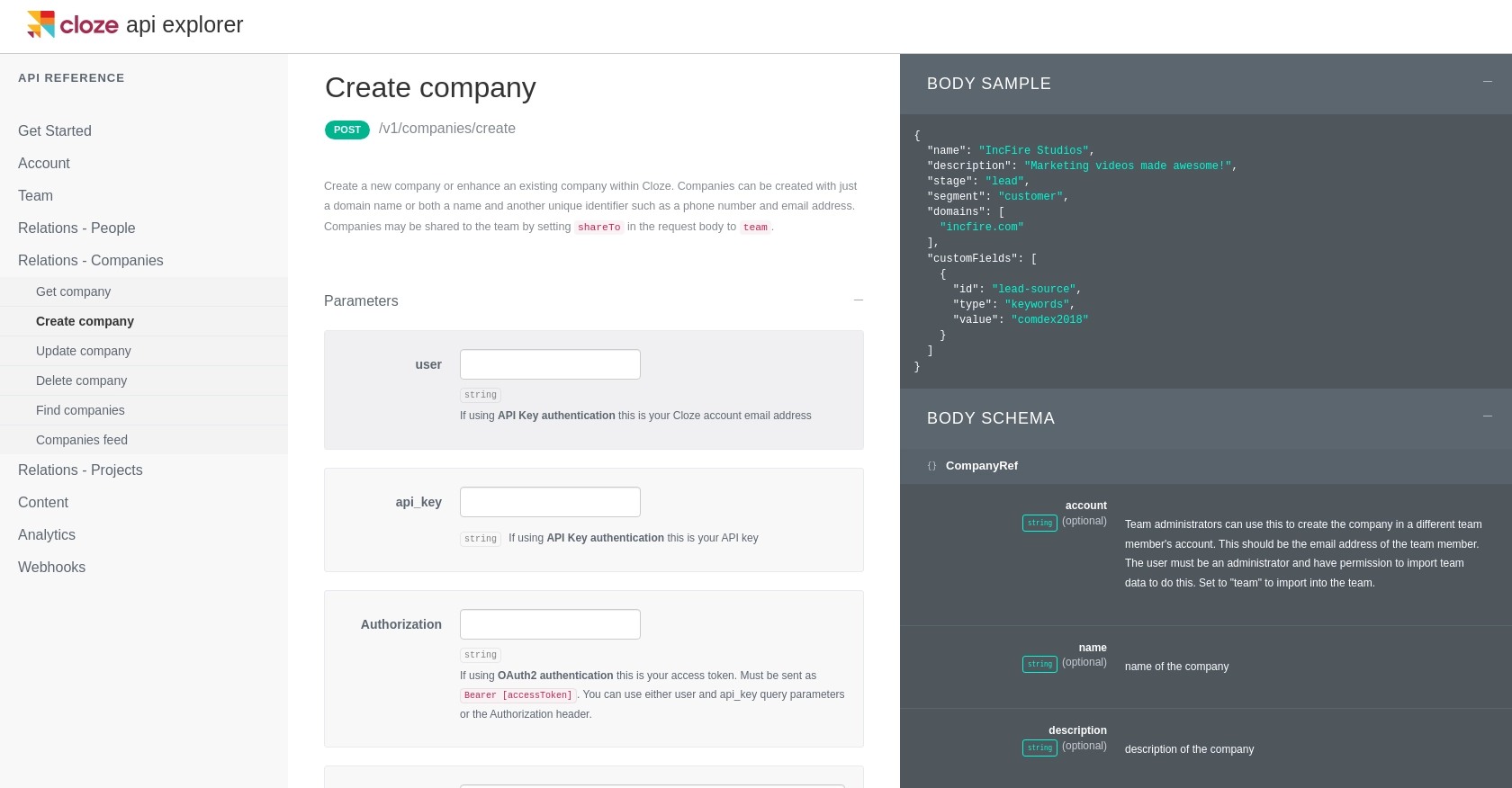 Cloze API call documentation page.