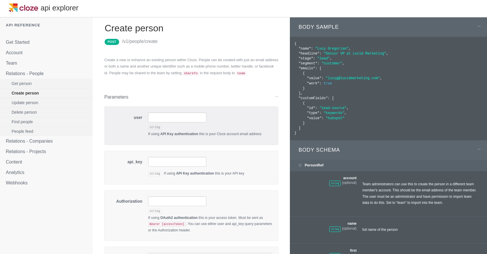 Cloze API call documentation page.