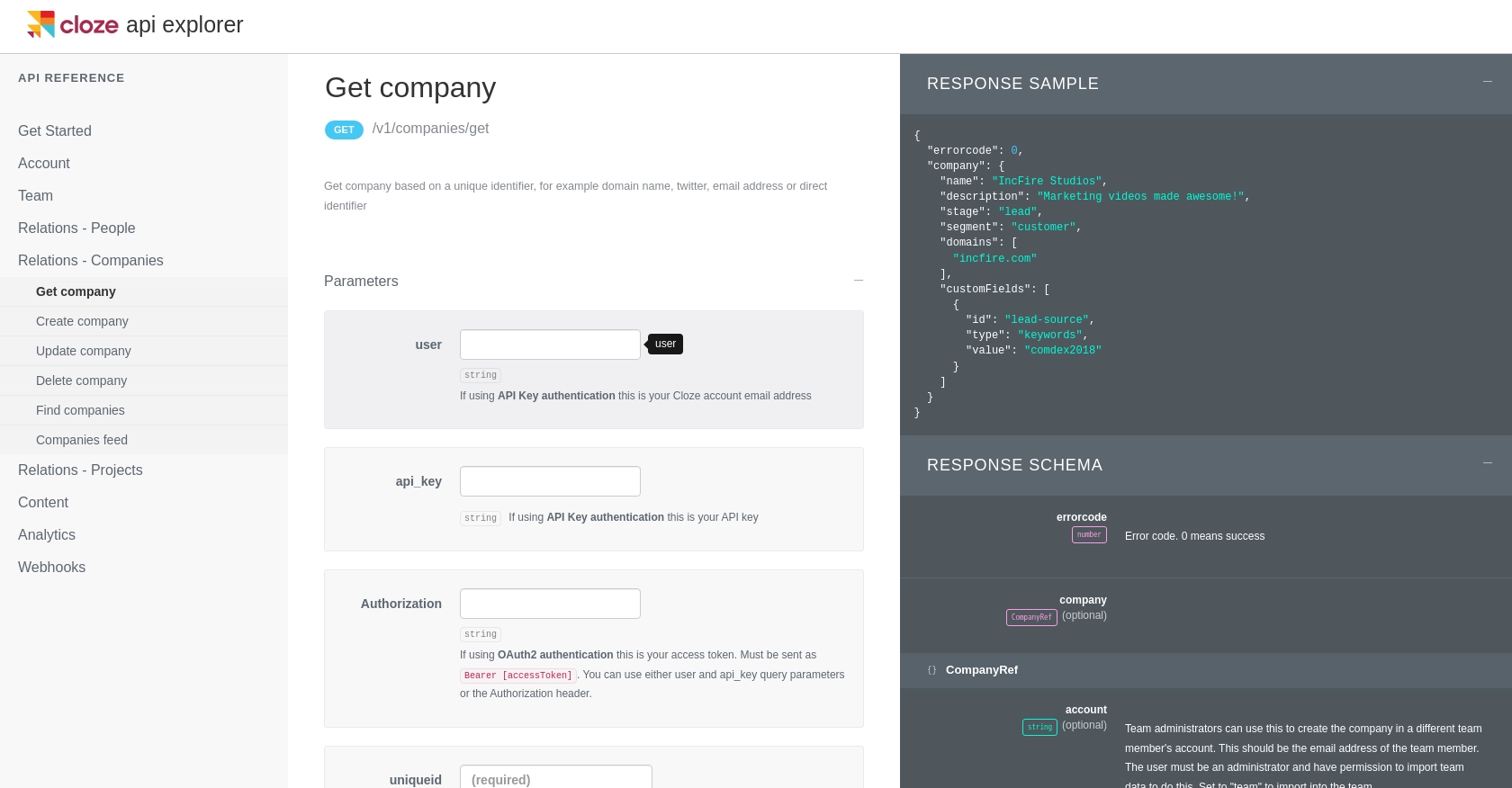 Cloze API call documentation page.