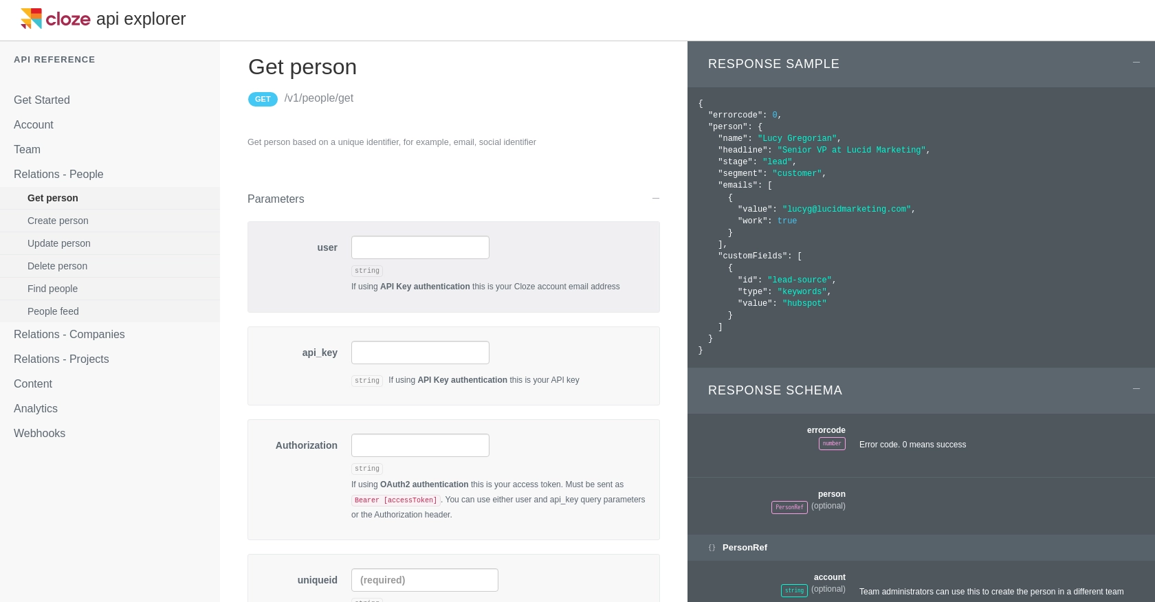 Cloze API call documentation page.