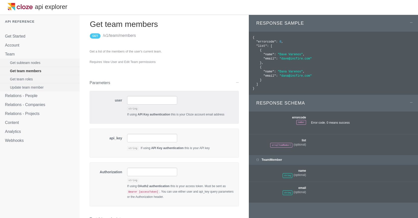 Cloze API call documentation page.