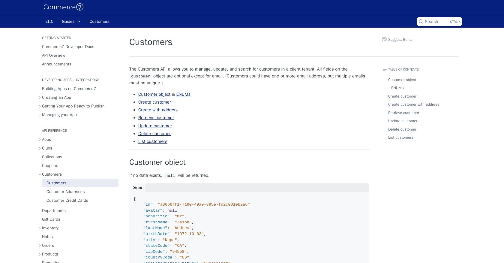 Commerce7 API call documentation page.