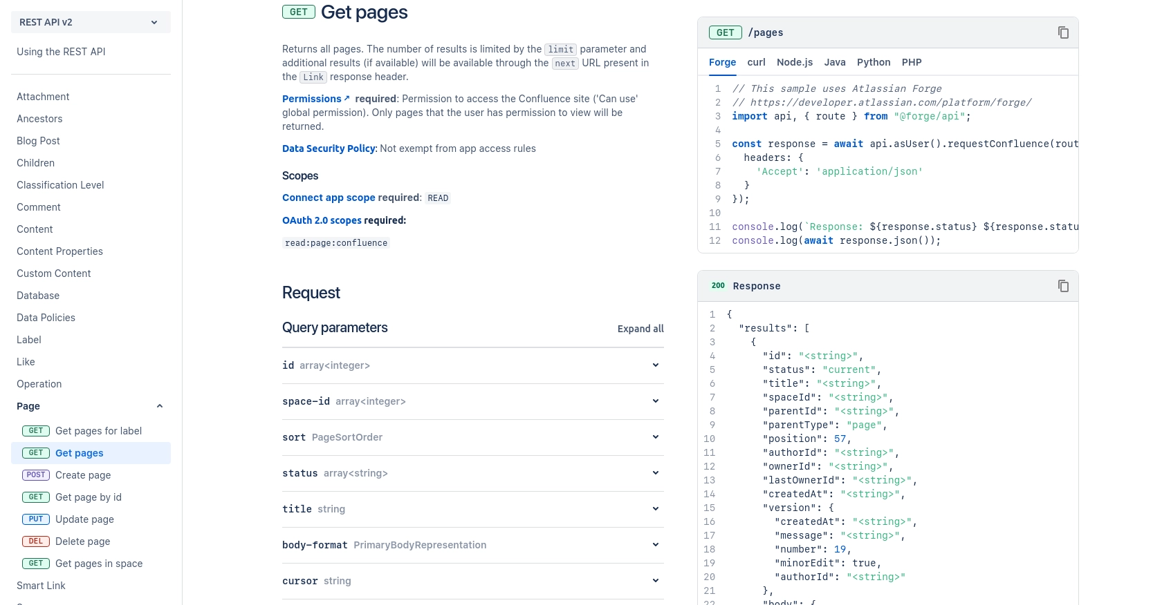 Confluence API call documentation page.