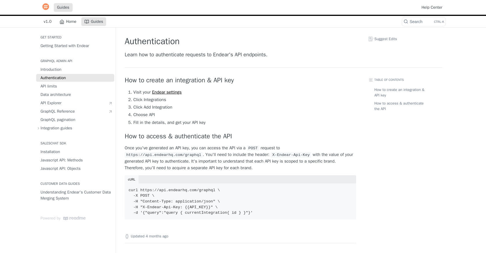 Endear authentication documentation page.