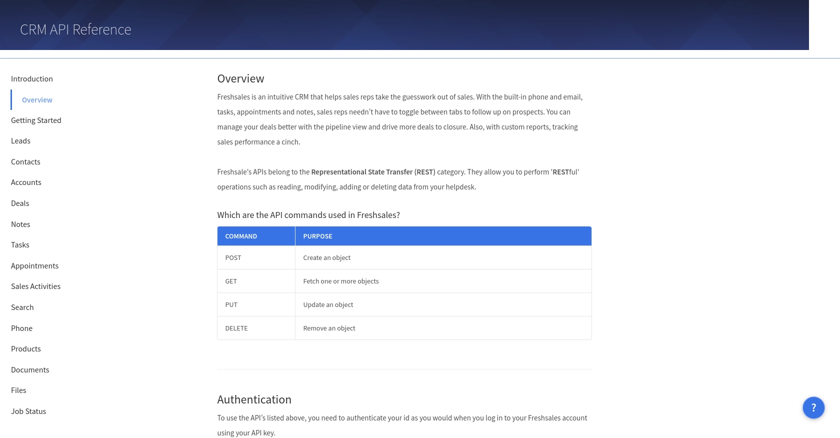 Freshsales authentication documentation page.