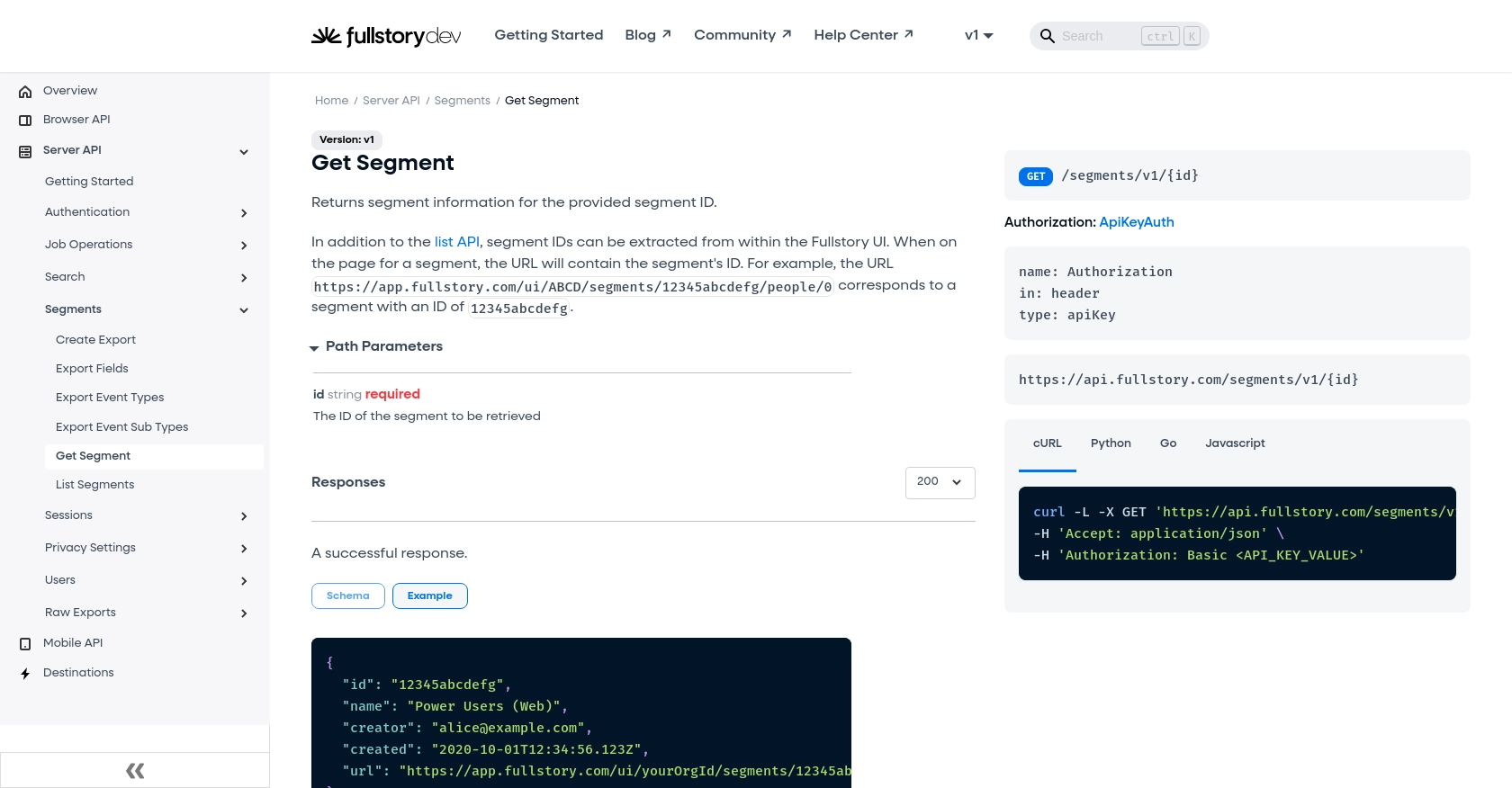 Fullstory API call documentation page.