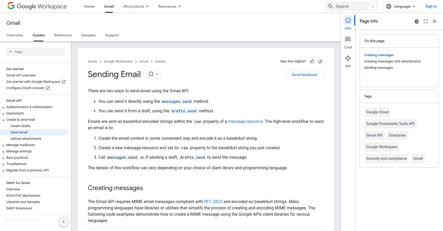 Gmail API call documentation page.