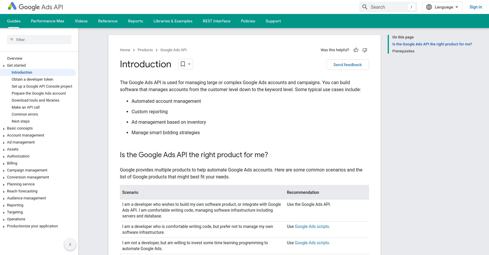 Google Ads authentication documentation page.