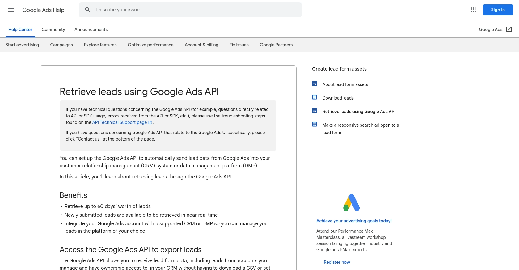 Google Ads API call documentation page.