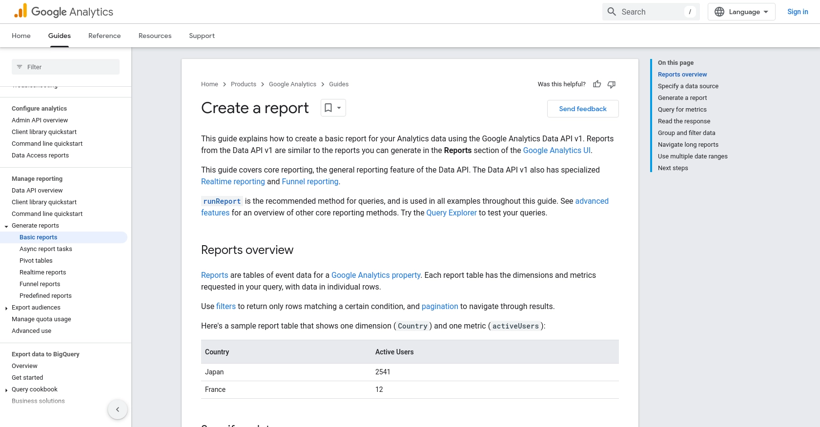 Google Analytics API call documentation page.