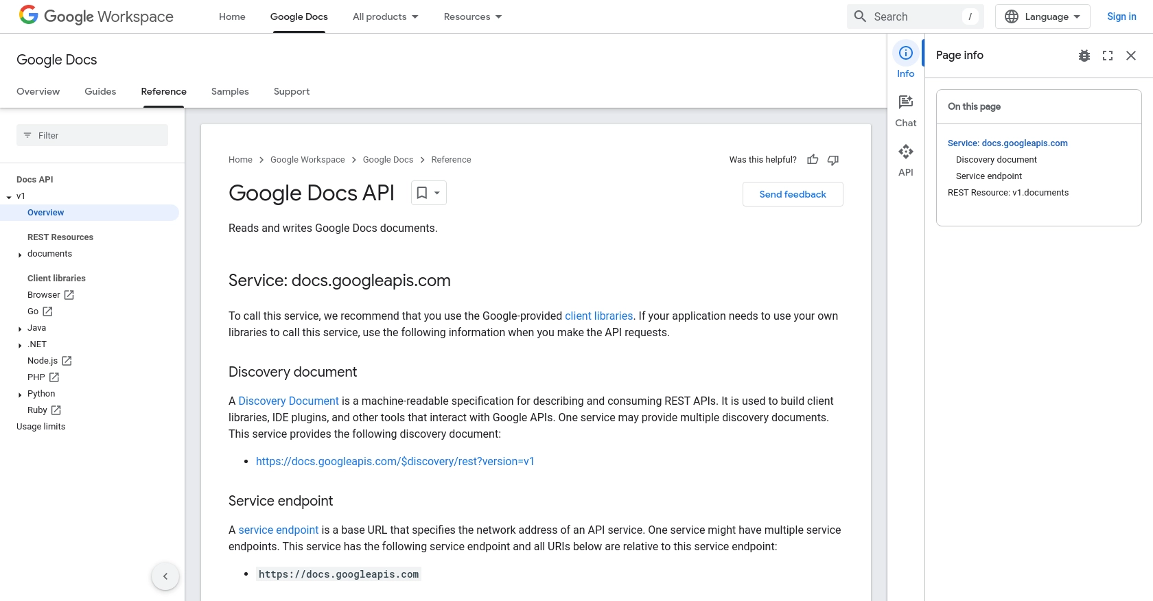 Google Docs authentication documentation page.