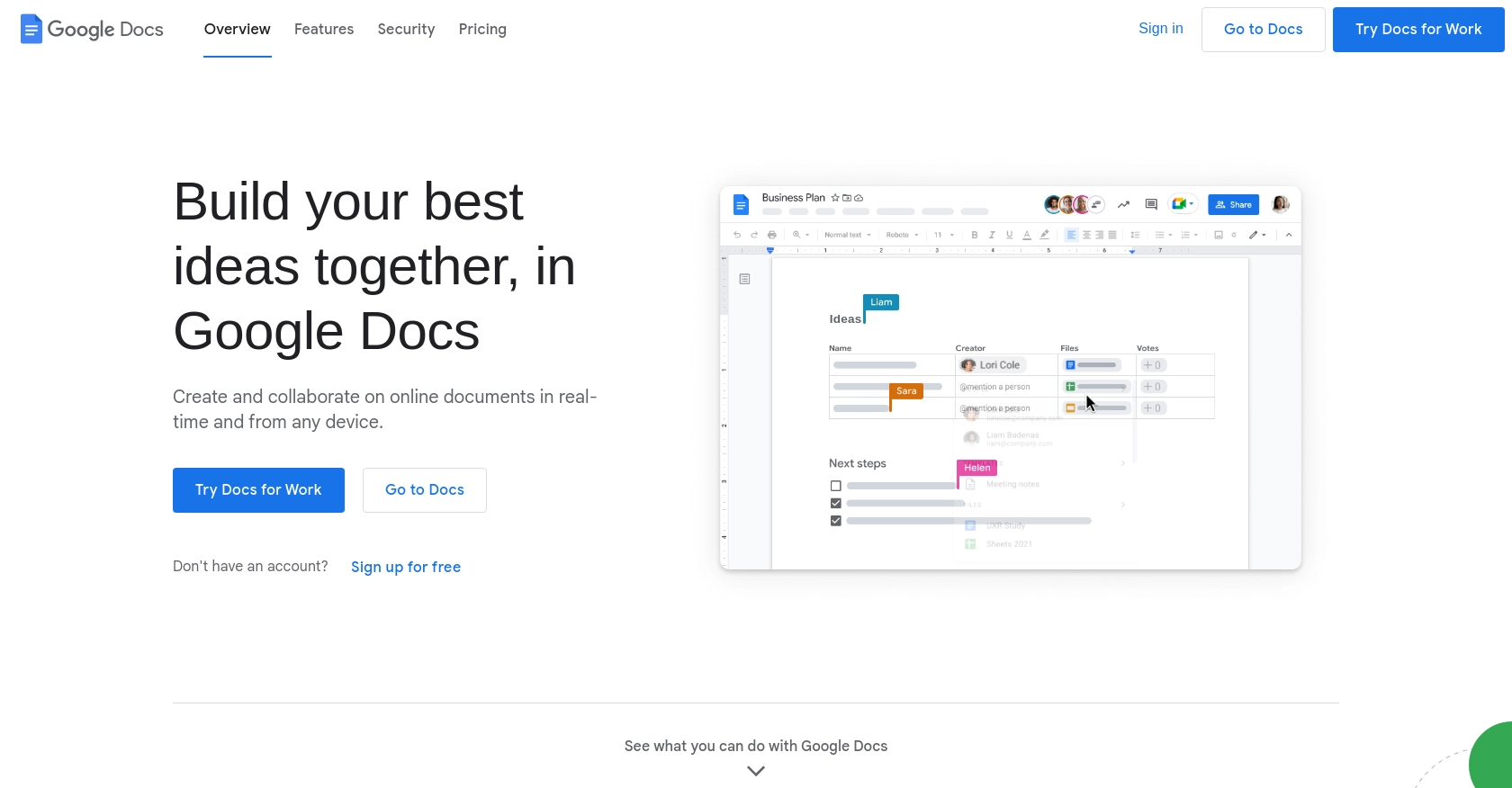 Google Docs homepage