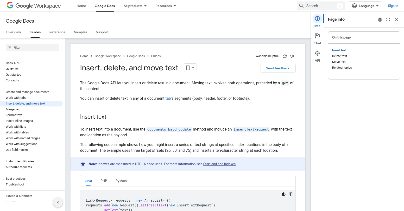 Google Docs API call documentation page.