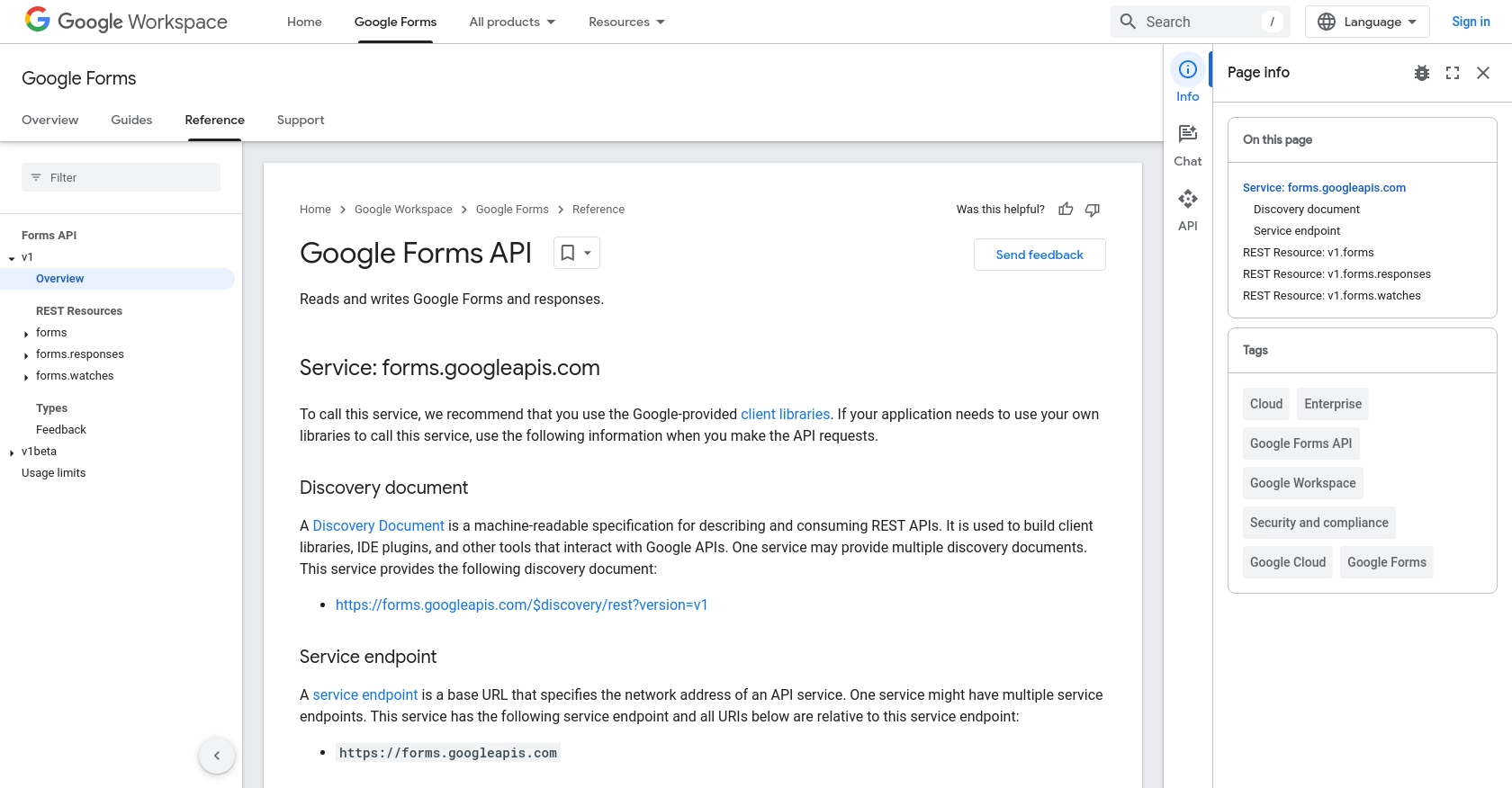 Google Forms authentication documentation page.