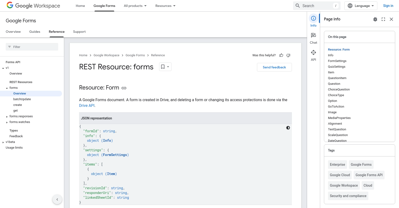 Google Forms API call documentation page.