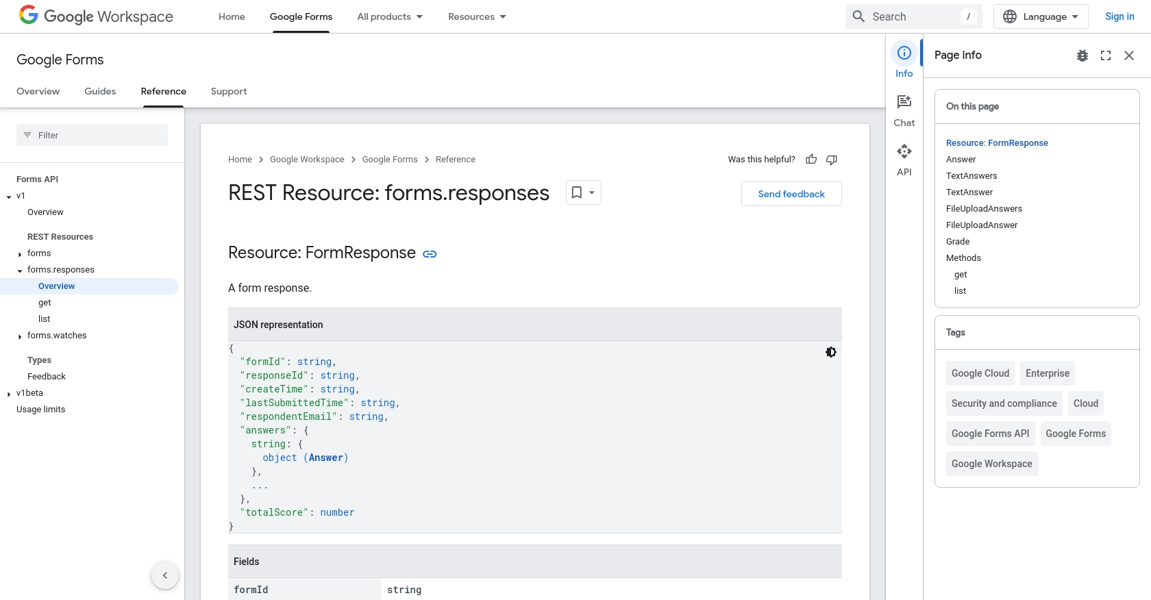 Google Forms API call documentation page.