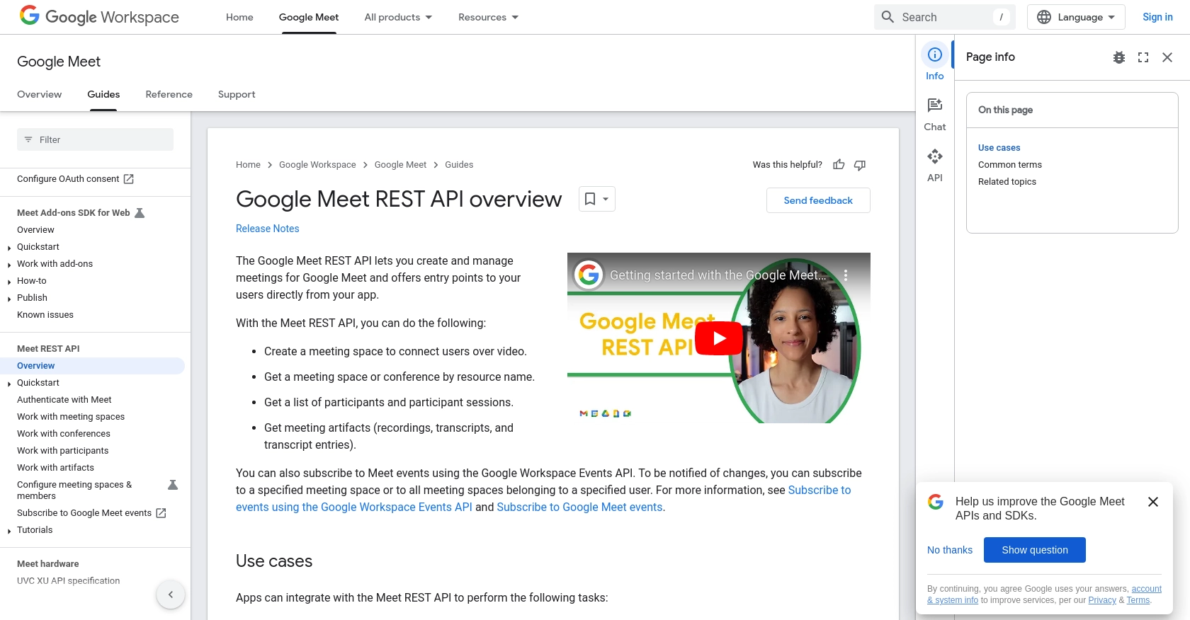 Google Meet authentication documentation page.