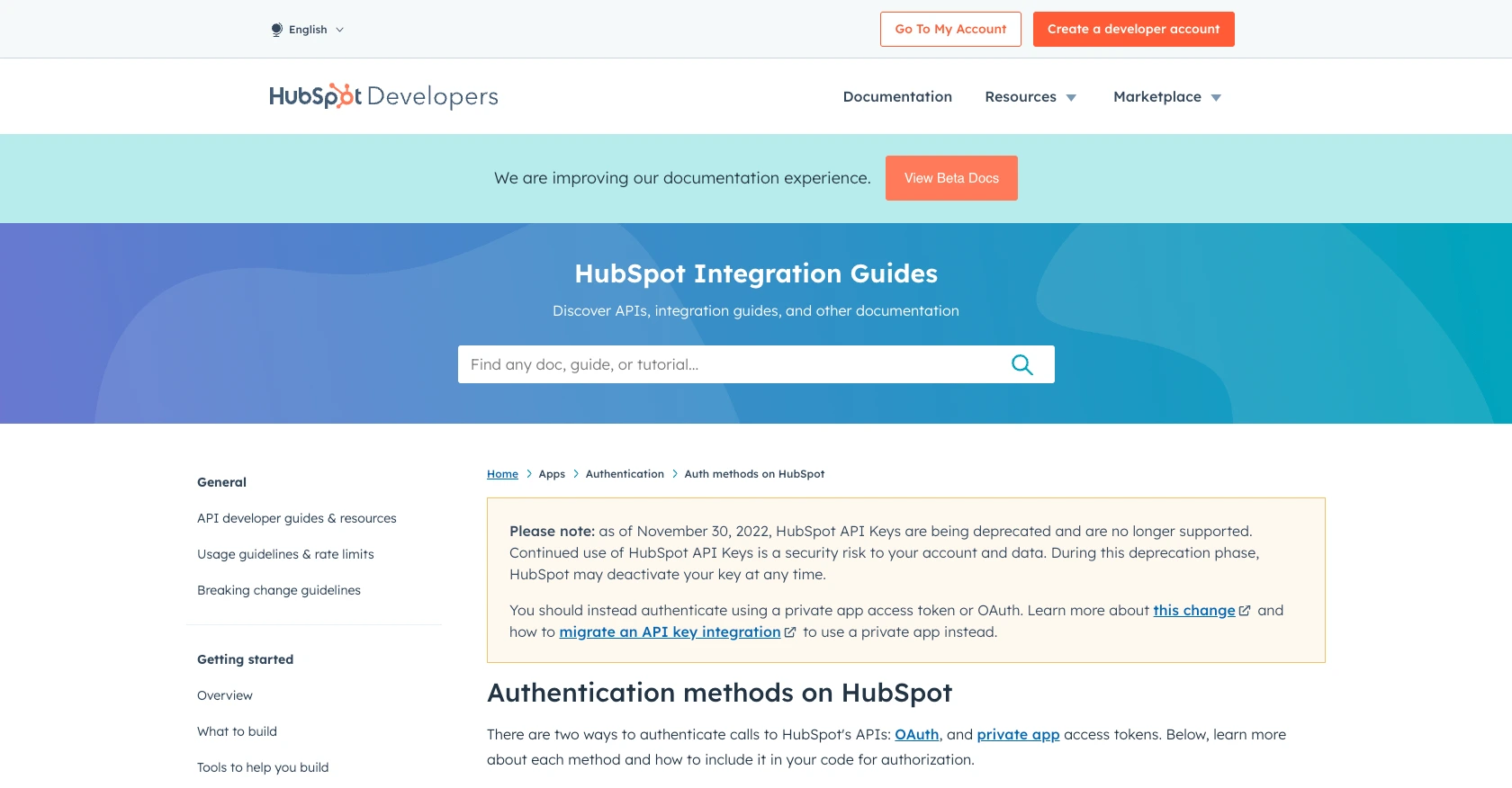 Hubspot authentication documentation page.